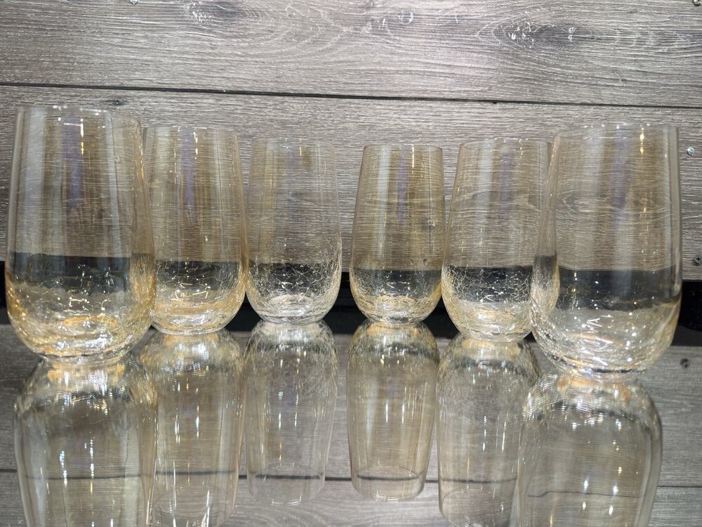 Pier 1 Amber Crackle Glass Tumblers High Ball Glasses 6” Tall~set Of 6